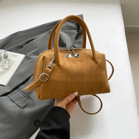 Vintage Suède Handtas Voor Dames Minimalistische Schoudertas Crossbody Mode Dagelijks Woon-Werkverkeer Kleine Vierkante Boston Tas