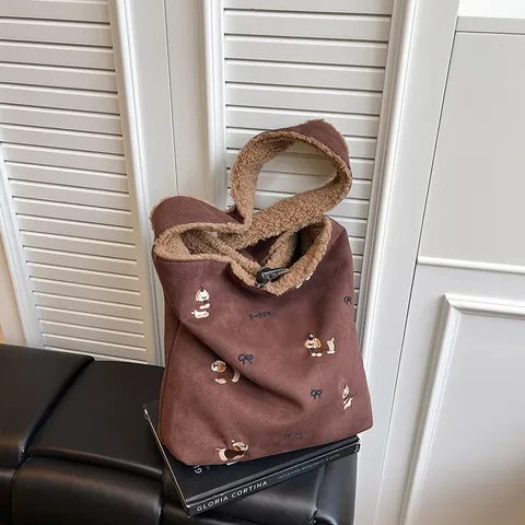 Women Suede Sherpa Tote Bag Reversible Cartoon Dog Embroidery Large Capacity Shoulder Bag Retro Autumn Winter Handbag