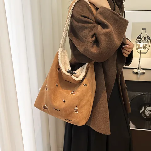 Women Suede Sherpa Tote Bag Reversible Cartoon Dog Embroidery Large Capacity Shoulder Bag Retro Autumn Winter Handbag
