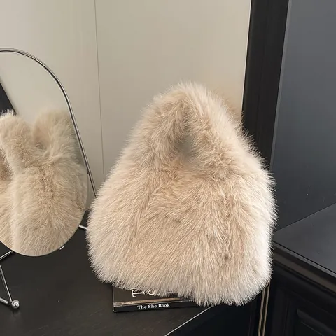 Women's Faux Fur Handbag Large Capacity Plush Tote Bag With Cute Monster Pendant Fluffy Shoulder Bucket Bag For Winter