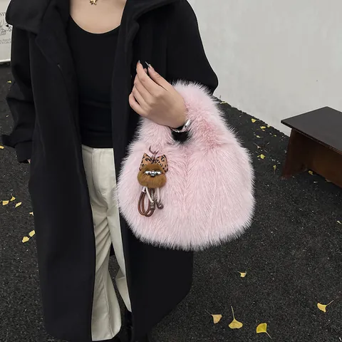 Women's Faux Fur Handbag Large Capacity Plush Tote Bag With Cute Monster Pendant Fluffy Shoulder Bucket Bag For Winter