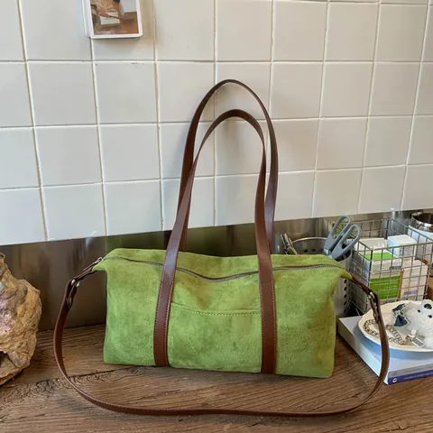 Women Retro Suede Look PU Leather Shoulder Bag Contrast Color Large Capacity Boston Tote Bag Casual Baguette Crossbody Bag