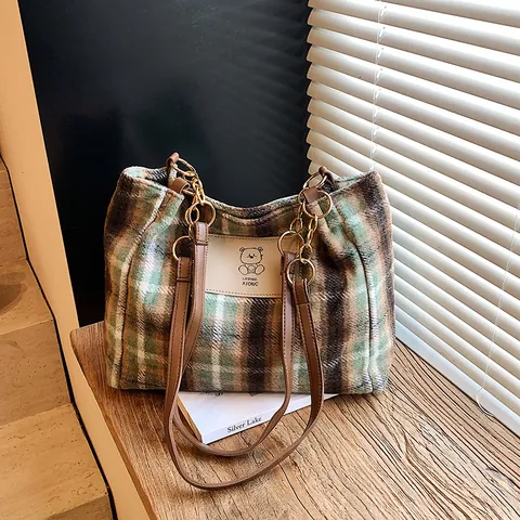 Borsa Tote in Lana Scozzese Retro per Donna Grande Capacità Catena Borsa a Tracolla Stile Britannico Borsa da Pendolare