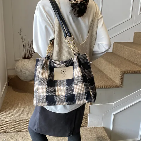 Borsa Tote in Lana Scozzese Retro per Donna Grande Capacità Catena Borsa a Tracolla Stile Britannico Borsa da Pendolare