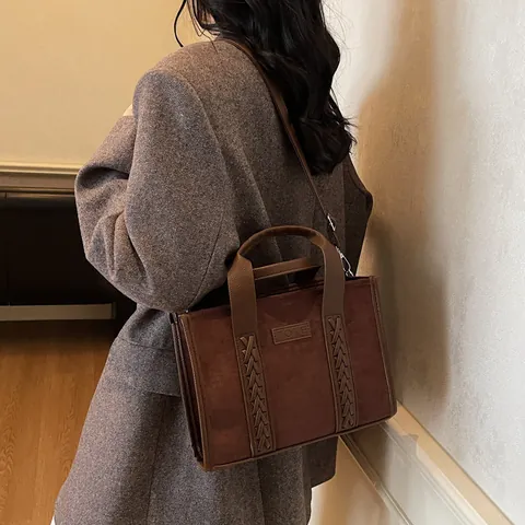 Borsa Tote da Donna Vintage in Pelle PU Effetto Camoscio Grande Capacità con Dettaglio Intrecciato e Tracolla Regolabile
