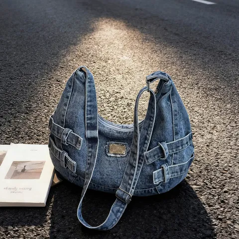 Sac Hobo en Denim Délavé Vintage Grande Capacité Sac à Épaule Bandoulière Femme Avec Boucles Réglables Décor Métal
