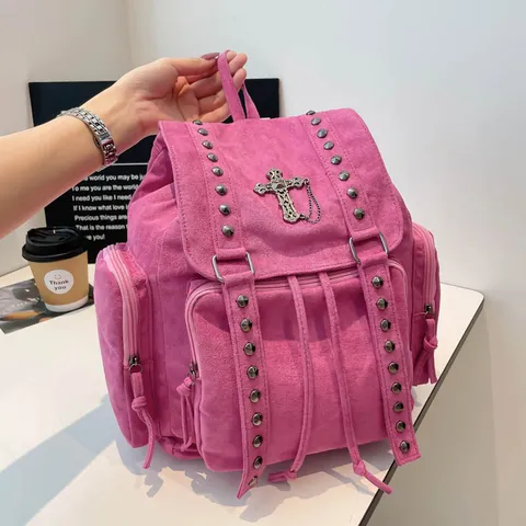 Sac à Dos Gothique Vintage pour Femmes en Cuir PU Givré avec Pendentif en Croix Sac à Dos Grande Capacité Sac d'École Punk Voyage