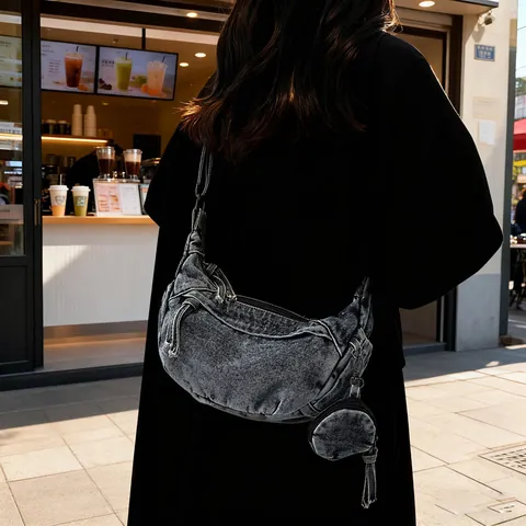 Retro Washed Denim Dumpling Crossbody Bag For Women Urban Simple Large Capacity Tote Shoulder Bag With Round Coin Purse
