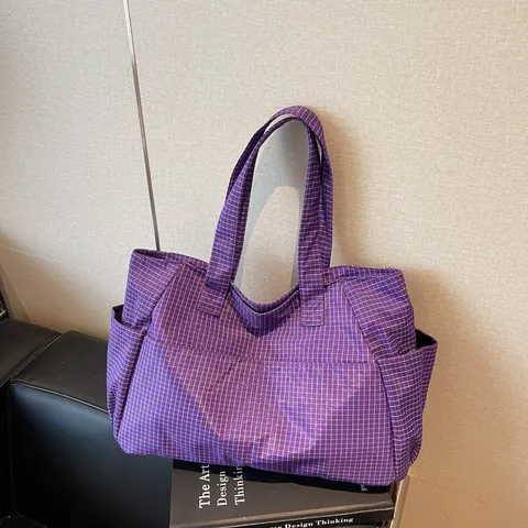Borsa Tote da Donna in Stile Artistico Giapponese in Nylon di Grande Capacità con Motivo a Griglia Borsa a Spalla
