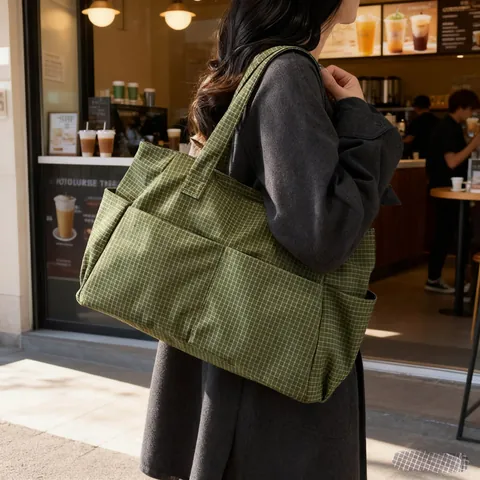Borsa Tote da Donna in Stile Artistico Giapponese in Nylon di Grande Capacità con Motivo a Griglia Borsa a Spalla