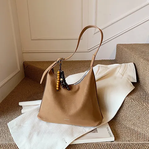 Women Vintage Large Capacity PU Leather Hobo Bag Suede Texture Shoulder Tote Bag With Wood Beads Charm Commute Handbag