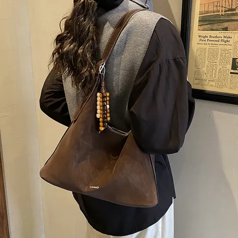 Women Vintage Large Capacity PU Leather Hobo Bag Suede Texture Shoulder Tote Bag With Wood Beads Charm Commute Handbag