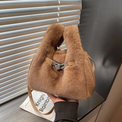Bolso de Cubo de Piel Sintética para Mujer Bolso de Bandolera Peludo con Cierre de Metal Bolso de Hombro de Peluche de Otoño Invierno