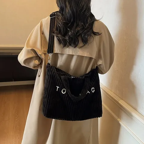 Dames Corduroy Tote Bag Grote Capaciteit Letter Borduurwerk Schouder Crossbody Tas Met Verstelbare Riem Vintage Casual Handtas