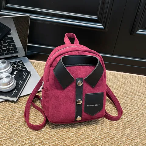 Creative Shirt Style Mini Backpack For Women Suede Texture PU Leather Small School Bag Fashion Commuter Daypack