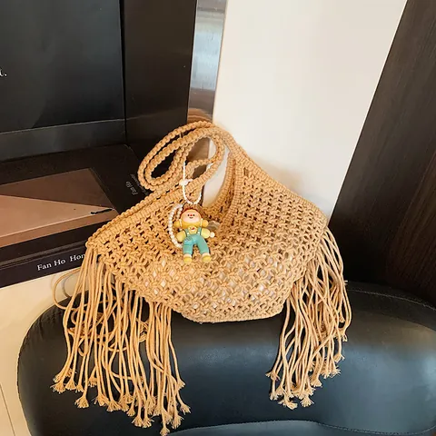 Handmade Woven Hollow Out Tote Bag With Tassel Bohemian Straw Shoulder Beach Bag Fringe Crochet Handbag For Women