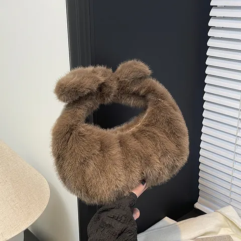 Women Faux Fur Plush Handbag Ruched Cloud Bag Bow Knot Handle Winter Soft Top Handle Bag Evening Party Tote Bag