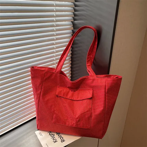 Women Large Capacity Checkered Canvas Tote Bag Urban Korean Style Gingham Shoulder Bag For Daily Commuting Office School