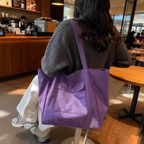 Women Large Capacity Checkered Canvas Tote Bag Urban Korean Style Gingham Shoulder Bag For Daily Commuting Office School