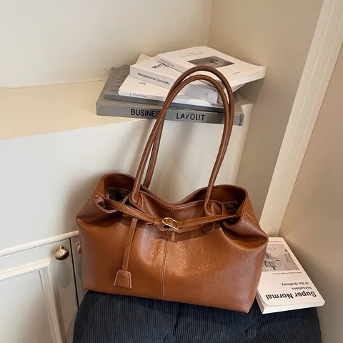 Vintage PU Leather Large Capacity Tote Bag For Women Casual Solid Color Shoulder Bag Stylish Commuting Work Handbag