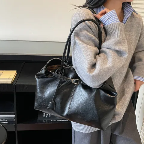 Vintage PU Leather Large Capacity Tote Bag For Women Casual Solid Color Shoulder Bag Stylish Commuting Work Handbag