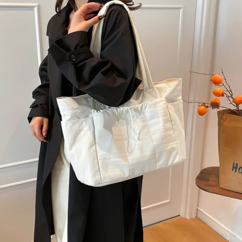 Women Large Capacity Quilted Flannel Nylon Tote Bag Casual Drawstring Shoulder Bag Multi-pocket Commuter Handbag Shopping Bag