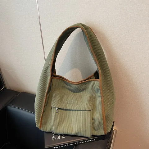 Vintage Corduroy Tote Bag For Women Large Capacity Contrast Color Piping Shoulder Bag With Front Zipper Pocket Casual Hobo Bag