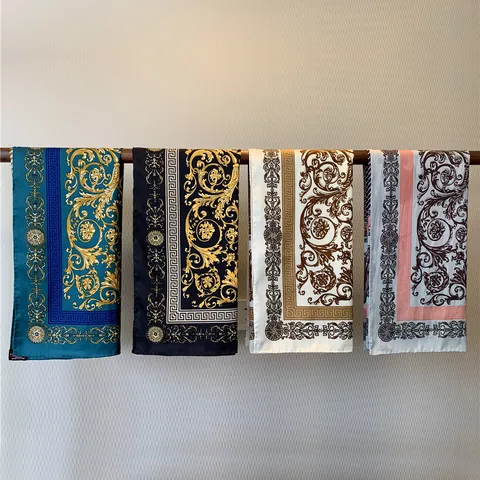 Vintage Baroque Scroll Satin Square Scarf For Women Luxury Silk Feel Hand Rolled Edge Sun Protection Head Scarf Shawl