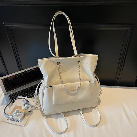 Vintage Quilted PU Leather Large Capacity Backpack For Women Chain Tote Bag Urban Commute Drawstring Shoulder Bag