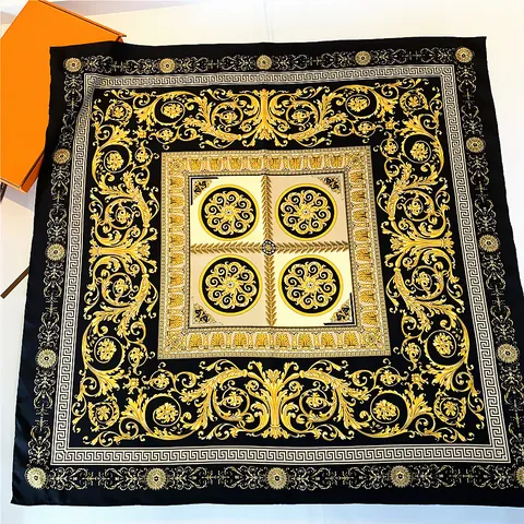 Vintage Baroque Scroll Satin Square Scarf For Women Luxury Silk Feel Hand Rolled Edge Sun Protection Head Scarf Shawl