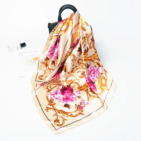 Palast Blumen Pfingstrose Barock Muster Satin Viereckiges Tuch Für Damen Groß Seidengefühl Sonnenschutz Schal Mode Accessoire