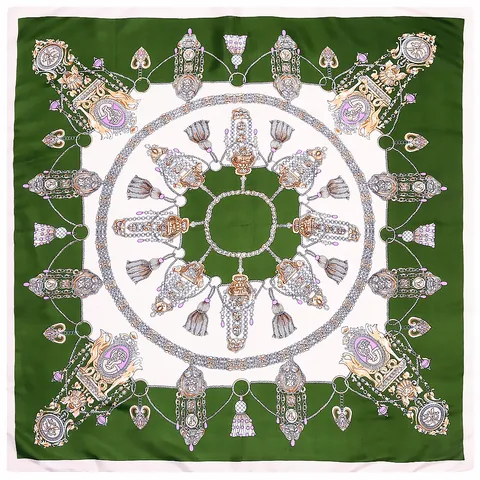 Women Elegant Satin Square Scarf Vintage Palace Baroque Chain Tassel Chariot Print Shawl Decorative Head Neck Scarf Accessory