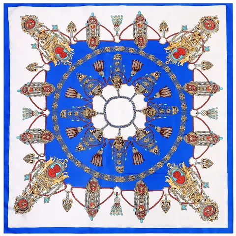 Women Elegant Satin Square Scarf Vintage Palace Baroque Chain Tassel Chariot Print Shawl Decorative Head Neck Scarf Accessory