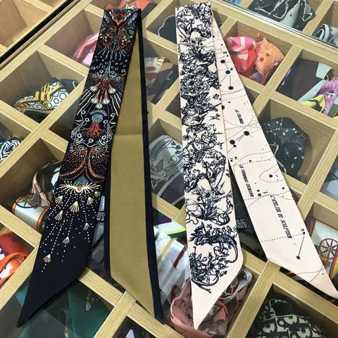 Women's Satin Silk-Like Twilly Scarf For Handbag Handle Wrap Vintage Floral Print Skinny Neckerchief Double Sided Hair Band Accessory
