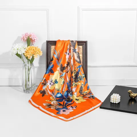 Women 90cm Square Satin Scarf Vintage Oil Painting Floral Print Silk-Like Headscarf Elegant Shawl Wrap For Daily Travel Travel Fashion Accessory