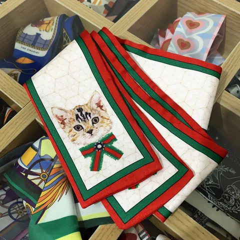 Cartoon Cat Print Satin Twilly Scarf Ribbon Red Green Contrast Striped Skinny Scarf For Women Handbag Handle Wrap Hairband