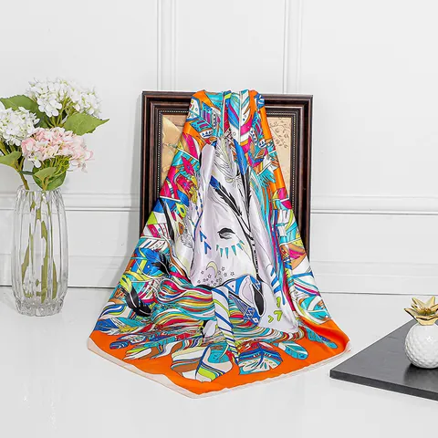 Women Elegant Satin Square Scarf Bohemian Feather Print Large Sun Protection Shawl Versatile Headscarf Fashion Accessory