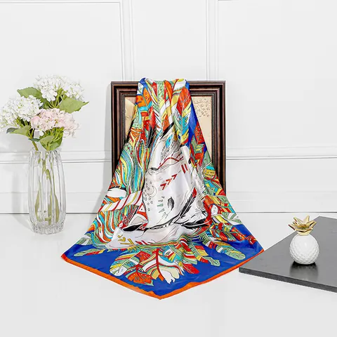 Women Elegant Satin Square Scarf Bohemian Feather Print Large Sun Protection Shawl Versatile Headscarf Fashion Accessory
