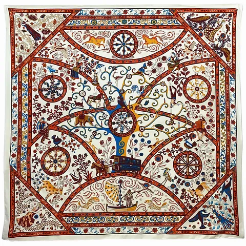 Vintage Levensboom Print Satijnen Vierkante Sjaal Voor Dames Artistieke Illustratie Grote Decoratieve Omslagdoek Mode Accessoire