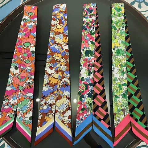 Elegant Sunflower Floral Print Double Sided Satin Narrow Scarf For Women Luxury Bag Handle Ribbon Headband Twilly Silk Like Scarf