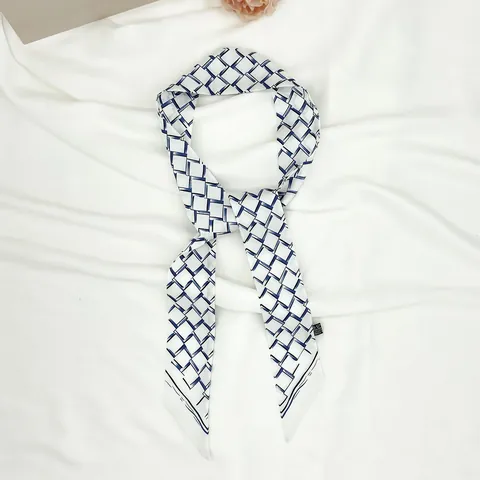 Women Geometric Grid Printed Satin Skinny Scarf Twilly For Bag Handle Hair Ribbon Neck Tie Chic Headband Fashion Accessory