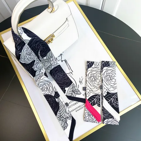 Elegant Camellia Pattern Skinny Scarf For Women Satin Handbag Handle Wrap Ribbon Hair Tie Neck Scarf Fashion Accessory