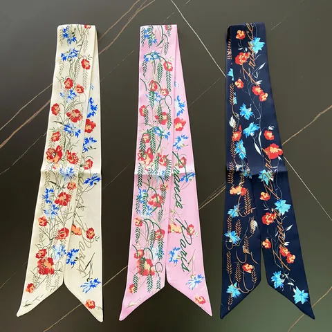 Vintage Floraler Satin Schal Damen Schmaler Langer Schal Mit Buchstabenmuster Haarband Taschengriff Dekoband