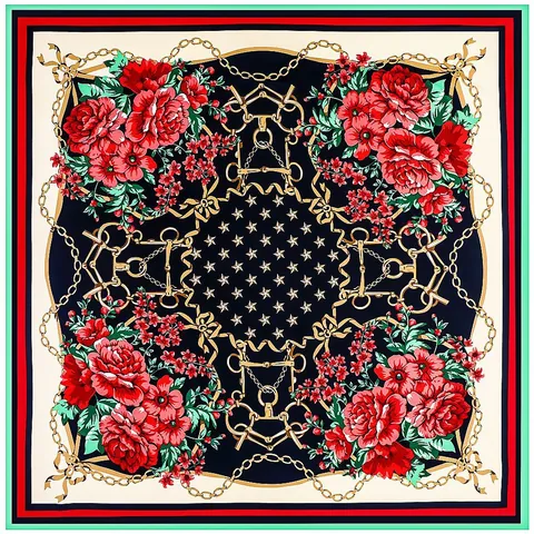 Dames Vintage Bloemen Paardenbit Ketting Print Grote Vierkante Satijnen Sjaal Elegante Zijdeachtige Mode Hoofddoek Voor Dagelijks Strand Reizen