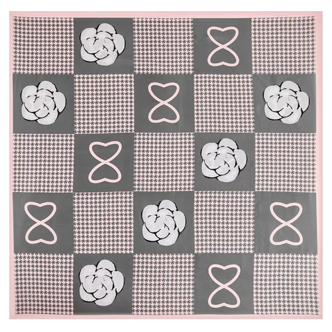 Foulard Quadrato in Satin Stile Francese Con Camelia e Pied De Poule per Donna Elegante Vintage Stampa Effetto Seta Sciarpa Collo e Testa Moda