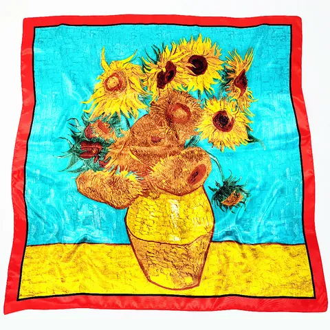 Vintage Artistic Satin Square Scarf Van Gogh Sunflower Oil Painting Print Floral Elegant Wrap For Women Travel Gift Accessory