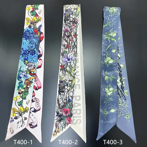 Women Floral Butterfly Print Satin Ribbon Scarf Long Twilly For Hair Handbag Wrap Neck Tie Wristband Fashion Accessory