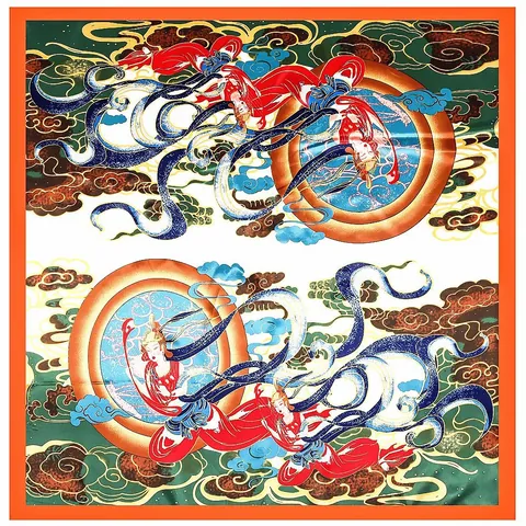 Dunhuang Flying Apsaras Satin Square Scarf For Women Ethnic Retro Printing Headscarf Sun Protection Shawl Silk Like Accessory