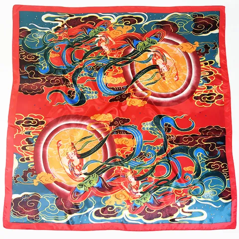 Dunhuang Flying Apsaras Satin Square Scarf For Women Ethnic Retro Printing Headscarf Sun Protection Shawl Silk Like Accessory