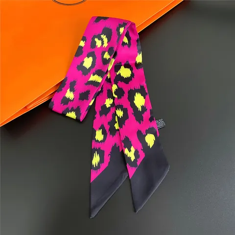 Leopard Print Satin Twilly Scarf For Women Fashion Versatile Bag Handle Ribbon Hair Band Thin Skinny Neck Scarf Accessory